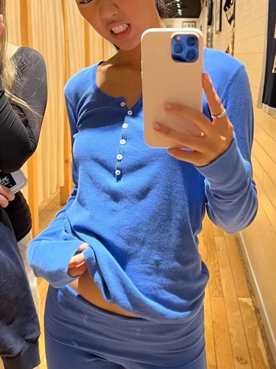 Six Buttons Ribbed Long Sleeve T-shirts Women Spring Round Neck Cotton Slim Tee Top Female Sweet Cute Pink Tshirt Y2k Tops New
