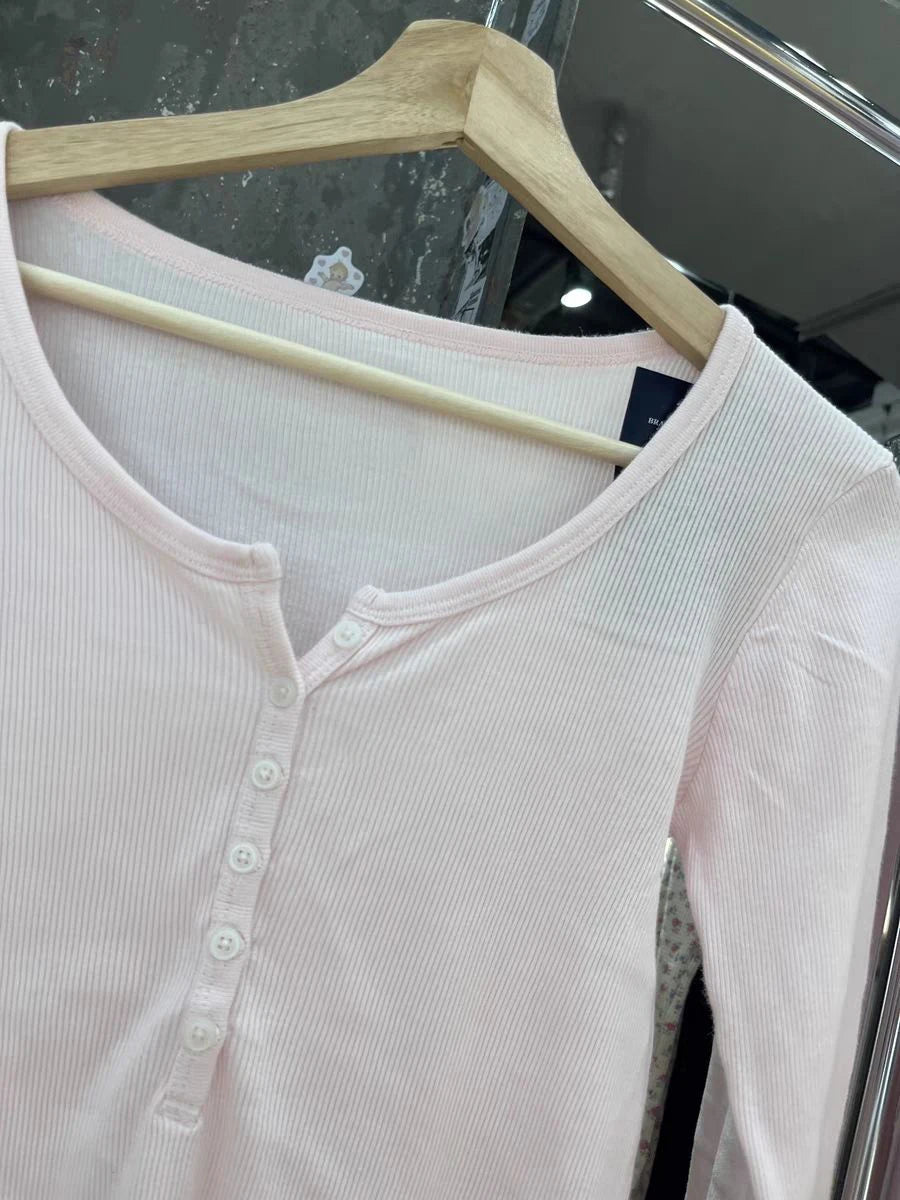 Six Buttons Ribbed Long Sleeve T-shirts Women Spring Round Neck Cotton Slim Tee Top Female Sweet Cute Pink Tshirt Y2k Tops New