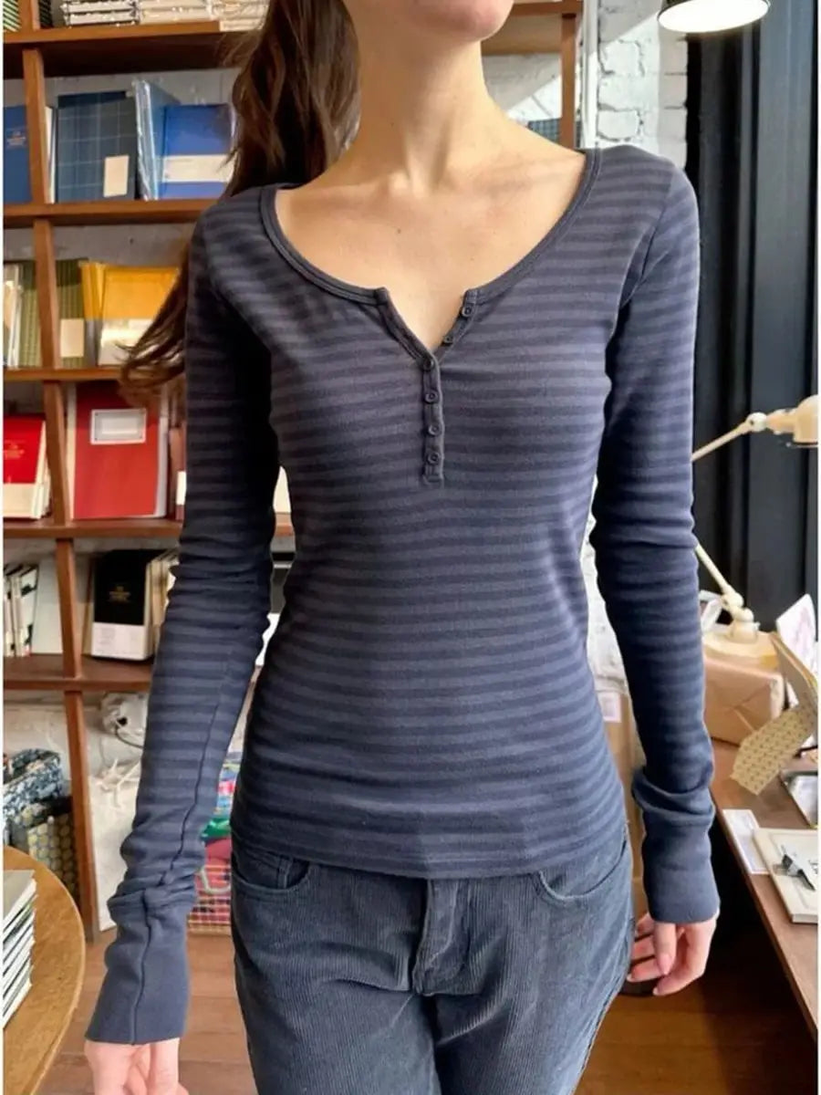 Six Buttons Ribbed Long Sleeve T-shirts Women Spring Round Neck Cotton Slim Tee Top Female Sweet Cute Pink Tshirt Y2k Tops New