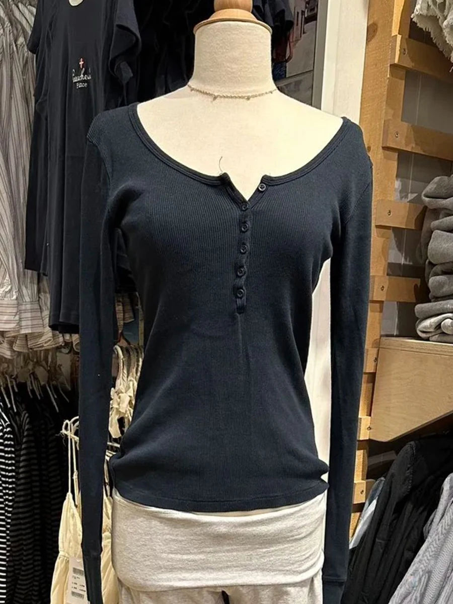Six Buttons Ribbed Long Sleeve T-shirts Women Spring Round Neck Cotton Slim Tee Top Female Sweet Cute Pink Tshirt Y2k Tops New