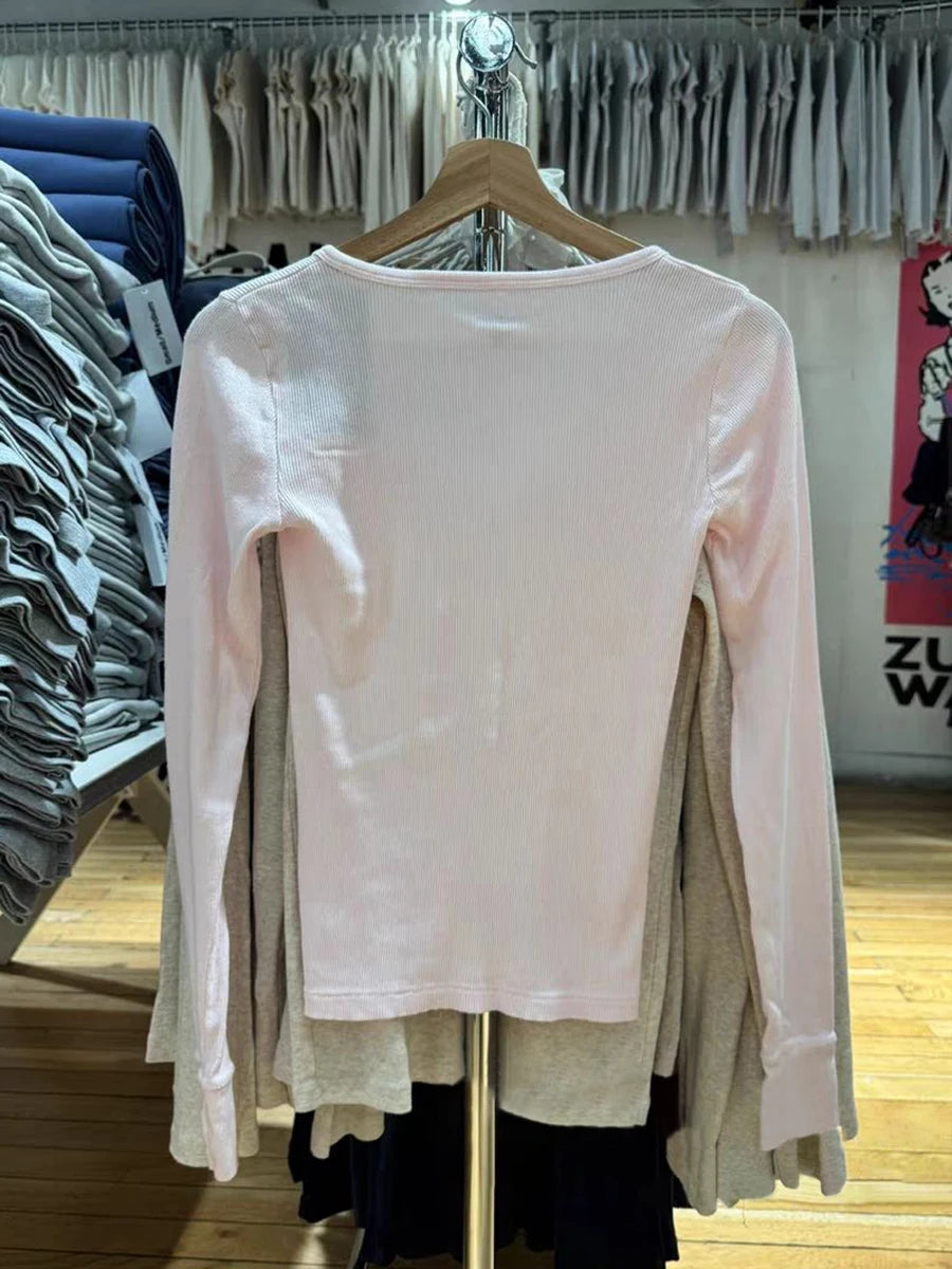 Six Buttons Ribbed Long Sleeve T-shirts Women Spring Round Neck Cotton Slim Tee Top Female Sweet Cute Pink Tshirt Y2k Tops New