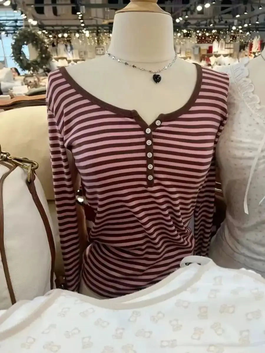 Six Buttons Ribbed Long Sleeve T-shirts Women Spring Round Neck Cotton Slim Tee Top Female Sweet Cute Pink Tshirt Y2k Tops New