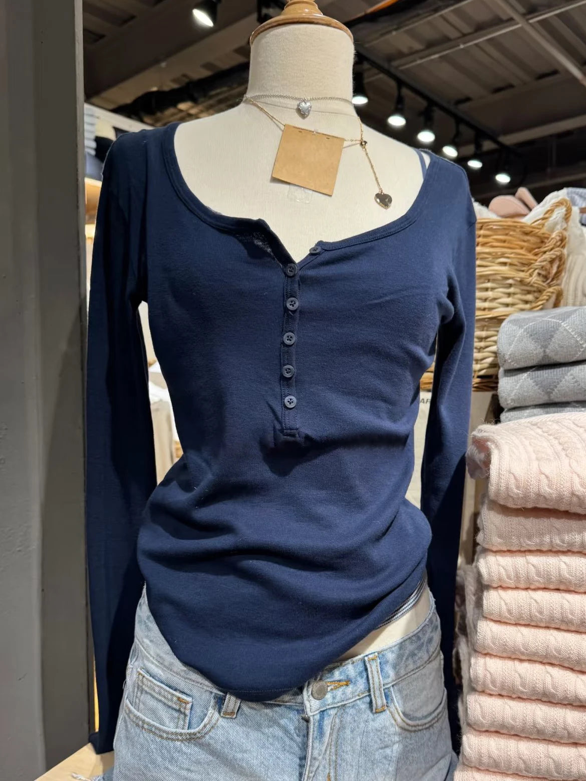 Six Buttons Ribbed Long Sleeve T-shirts Women Spring Round Neck Cotton Slim Tee Top Female Sweet Cute Pink Tshirt Y2k Tops New