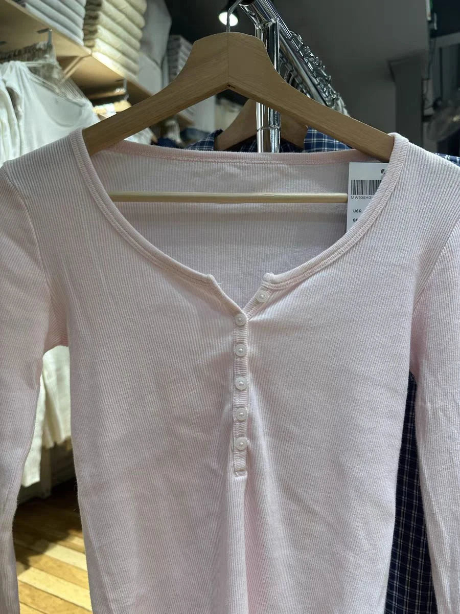 Six Buttons Ribbed Long Sleeve T-shirts Women Spring Round Neck Cotton Slim Tee Top Female Sweet Cute Pink Tshirt Y2k Tops New