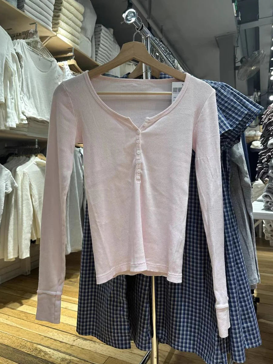 Six Buttons Ribbed Long Sleeve T-shirts Women Spring Round Neck Cotton Slim Tee Top Female Sweet Cute Pink Tshirt Y2k Tops New