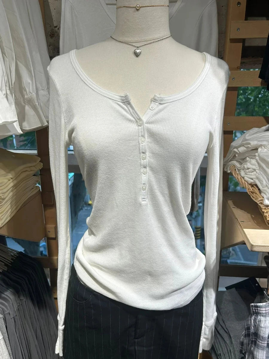 Six Buttons Ribbed Long Sleeve T-shirts Women Spring Round Neck Cotton Slim Tee Top Female Sweet Cute Pink Tshirt Y2k Tops New