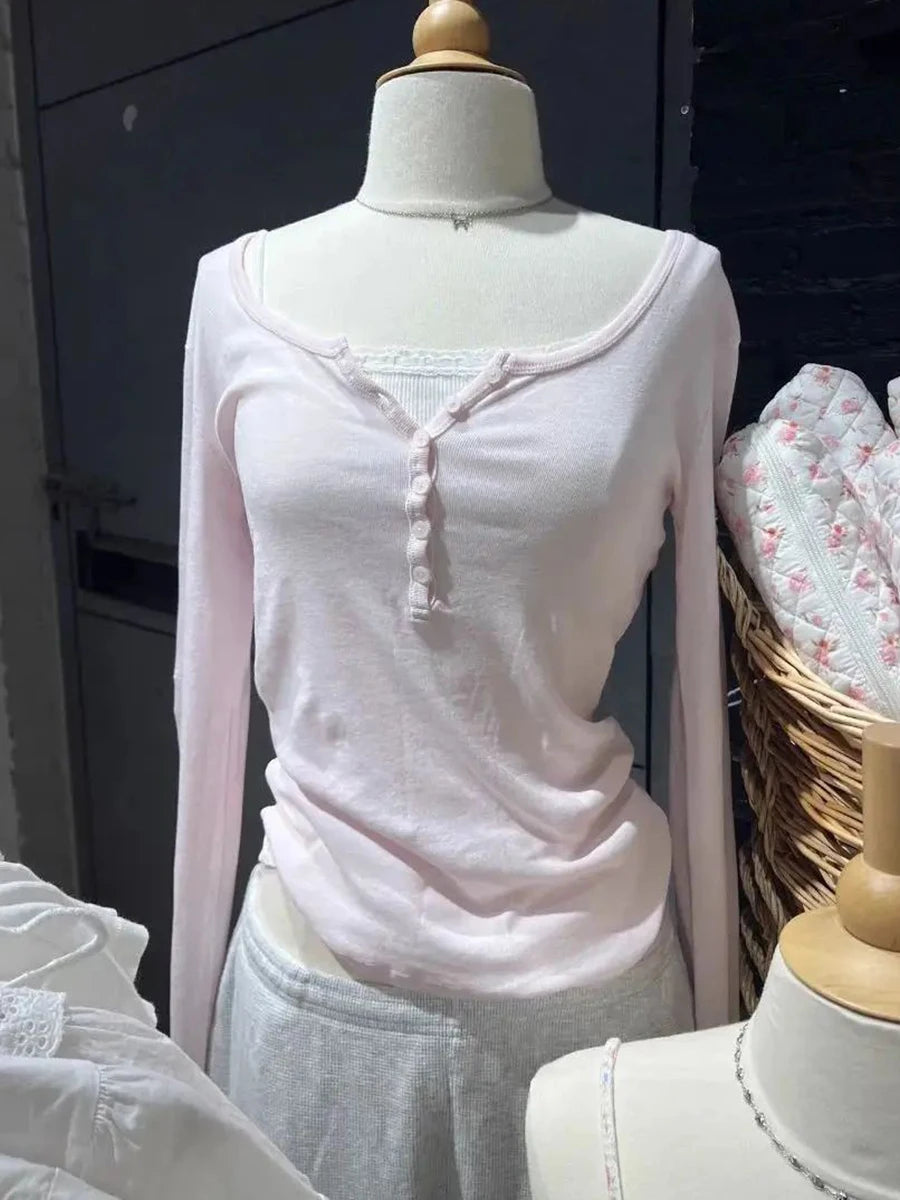 Six Buttons Ribbed Long Sleeve T-shirts Women Spring Round Neck Cotton Slim Tee Top Female Sweet Cute Pink Tshirt Y2k Tops New