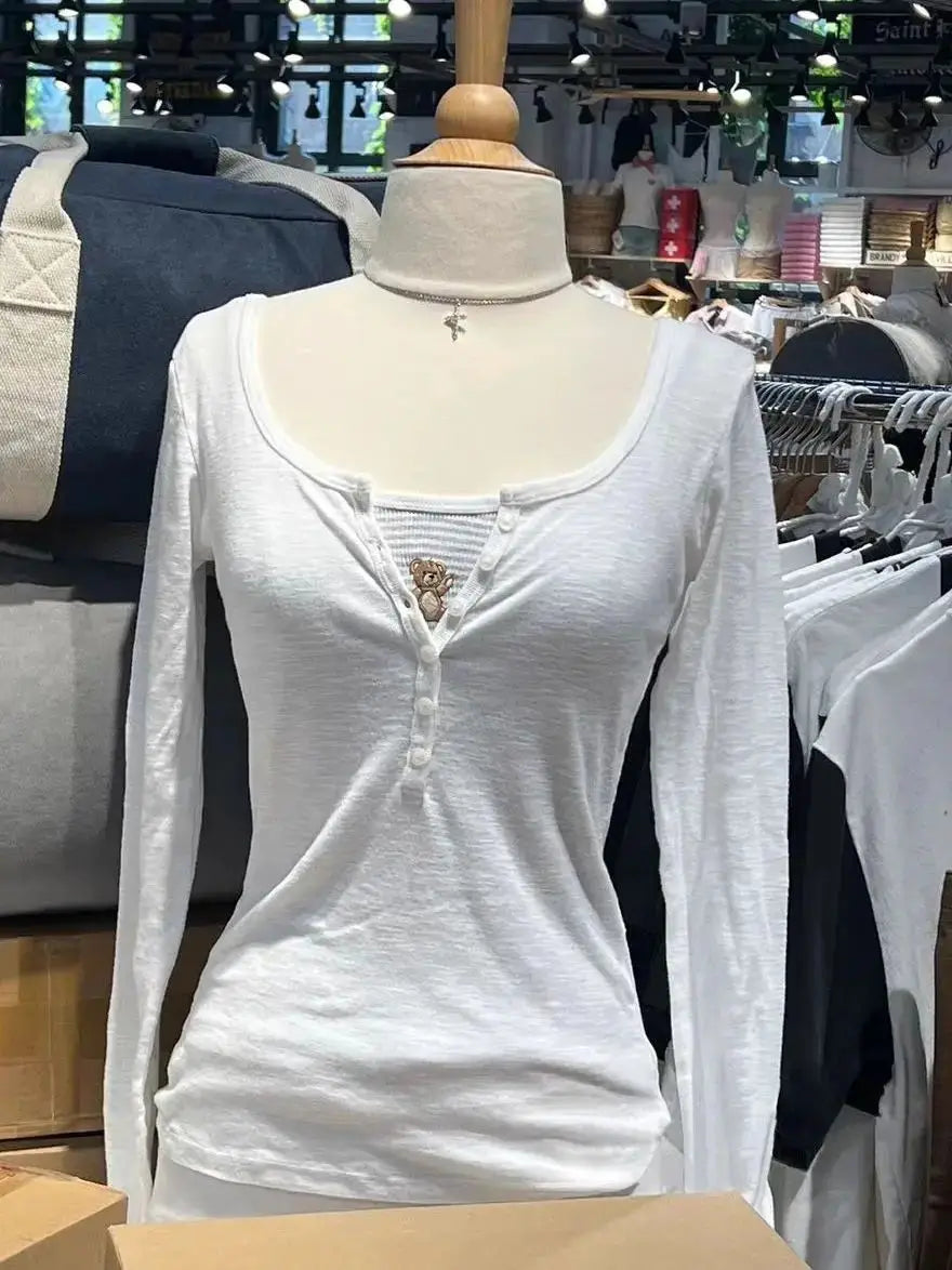Six Buttons Ribbed Long Sleeve T-shirts Women Spring Round Neck Cotton Slim Tee Top Female Sweet Cute Pink Tshirt Y2k Tops New
