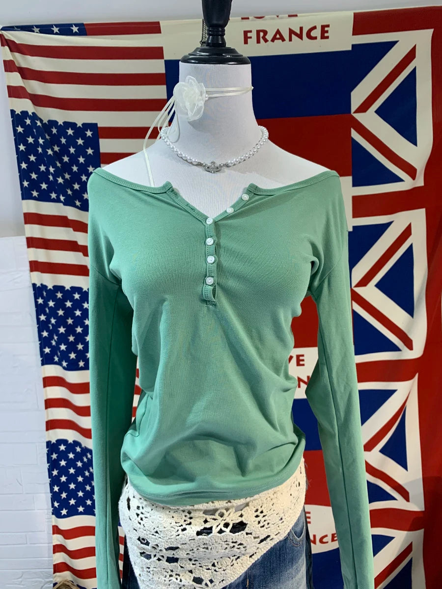 Six Buttons Ribbed Long Sleeve T-shirts Women Spring Round Neck Cotton Slim Tee Top Female Sweet Cute Pink Tshirt Y2k Tops New