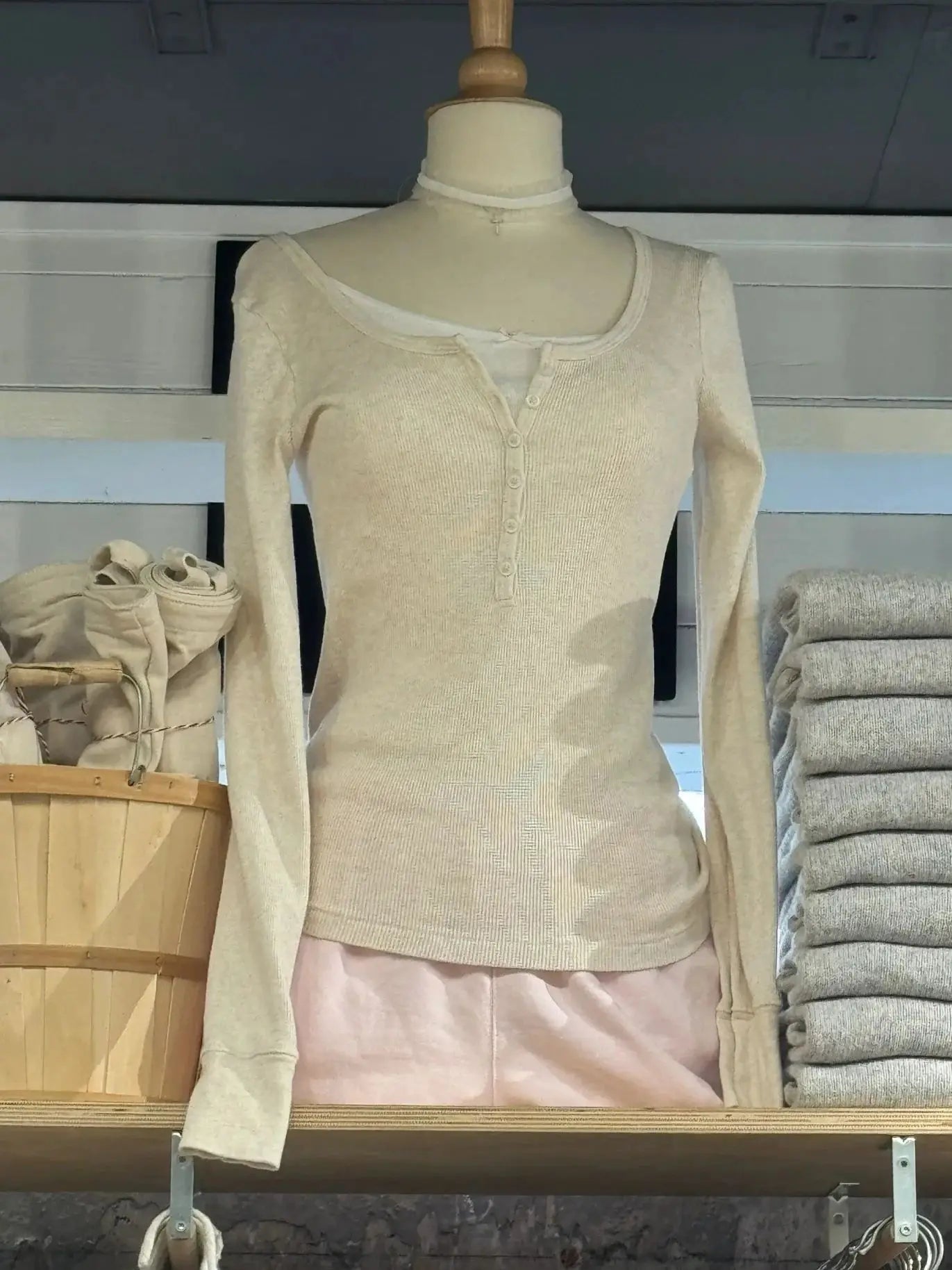 Six Buttons Ribbed Long Sleeve T-shirts Women Spring Round Neck Cotton Slim Tee Top Female Sweet Cute Pink Tshirt Y2k Tops New
