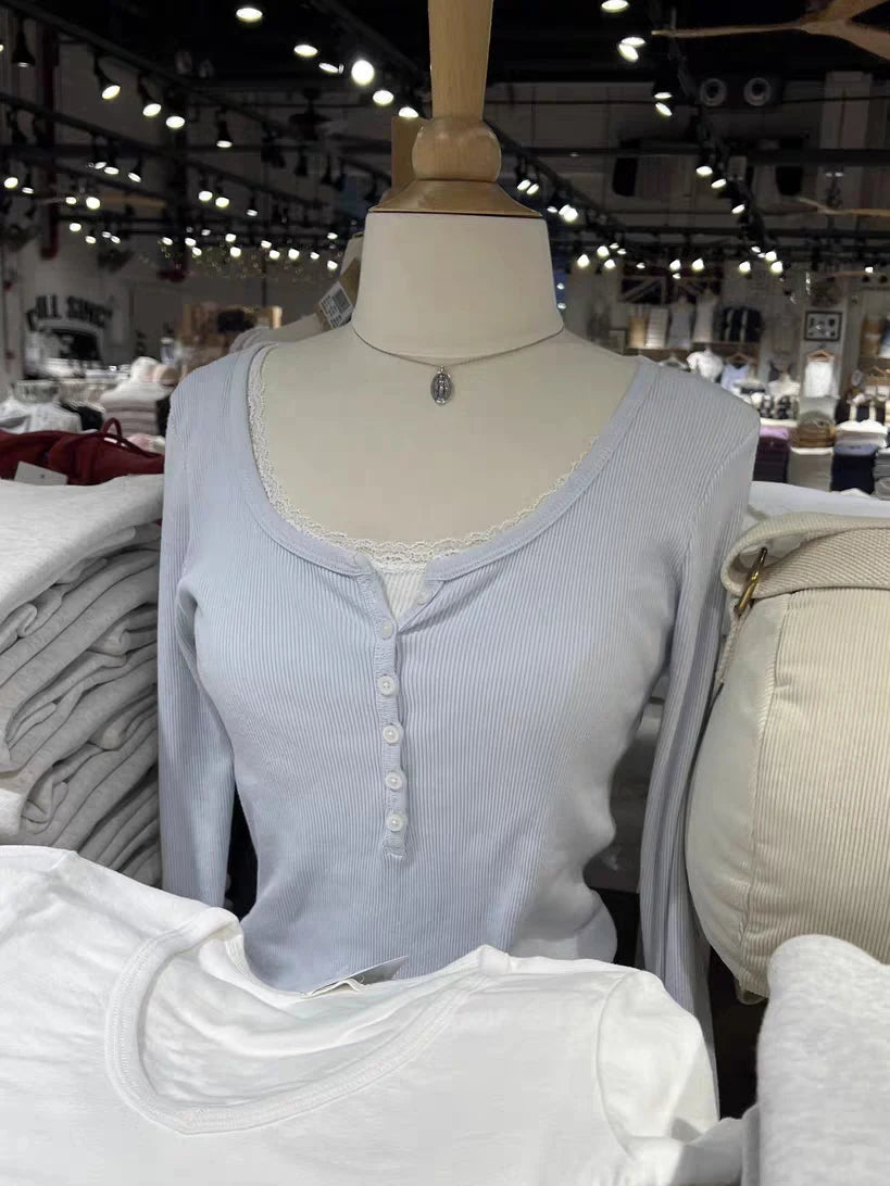 Six Buttons Ribbed Long Sleeve T-shirts Women Spring Round Neck Cotton Slim Tee Top Female Sweet Cute Pink Tshirt Y2k Tops New